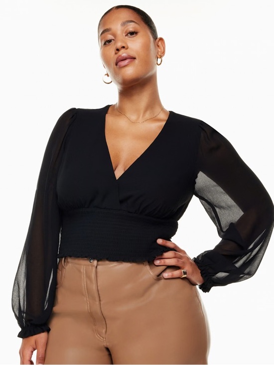 Wilfred Tops - Wilfred Black Sheer Wistful Smocked Waist V-Neck Feminine Blouse Goth Fairy XS